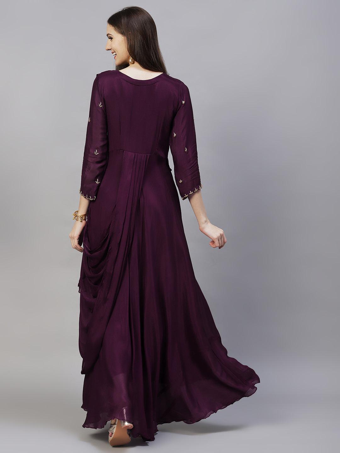 Floral Hand Embroidered Flared Maxi Dress - Deep Wine - Indiakreations