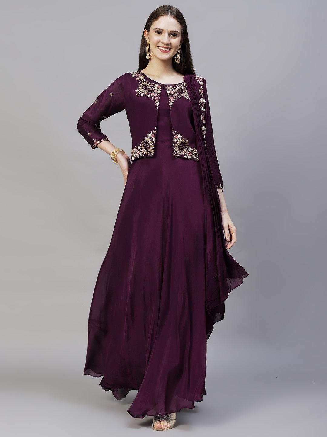 Floral Hand Embroidered Flared Maxi Dress - Deep Wine - Indiakreations