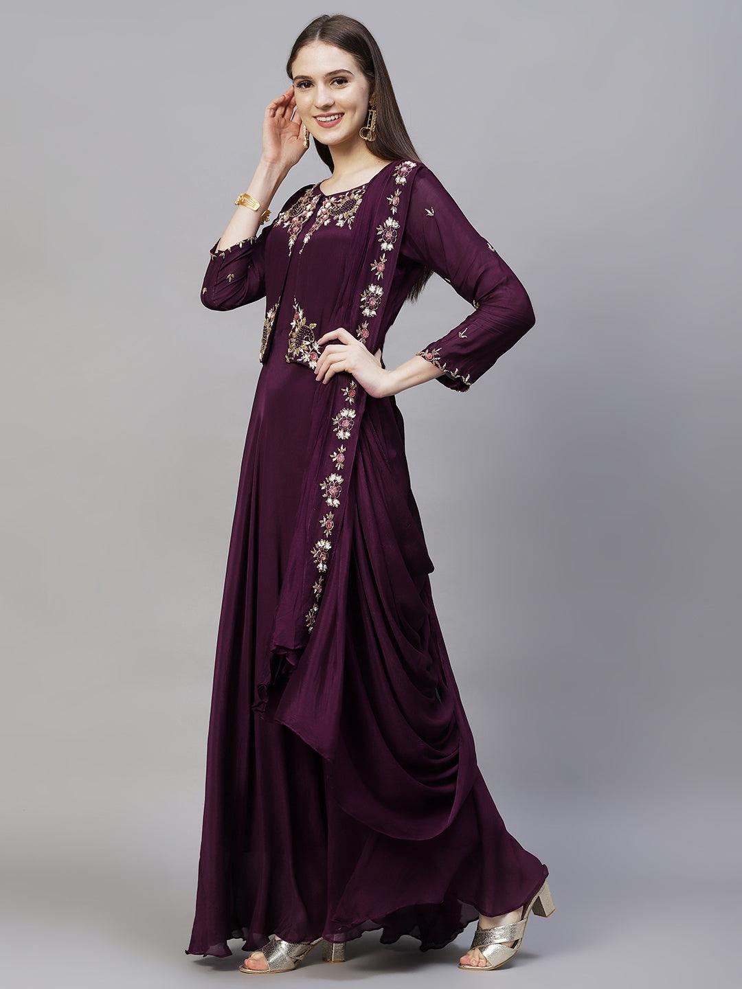 Floral Hand Embroidered Flared Maxi Dress - Deep Wine - Indiakreations