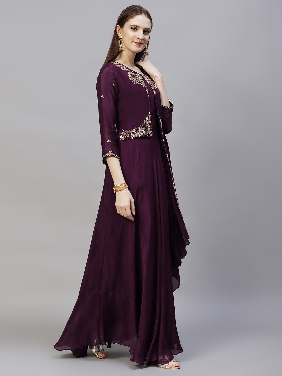 Floral Hand Embroidered Flared Maxi Dress - Deep Wine - Indiakreations