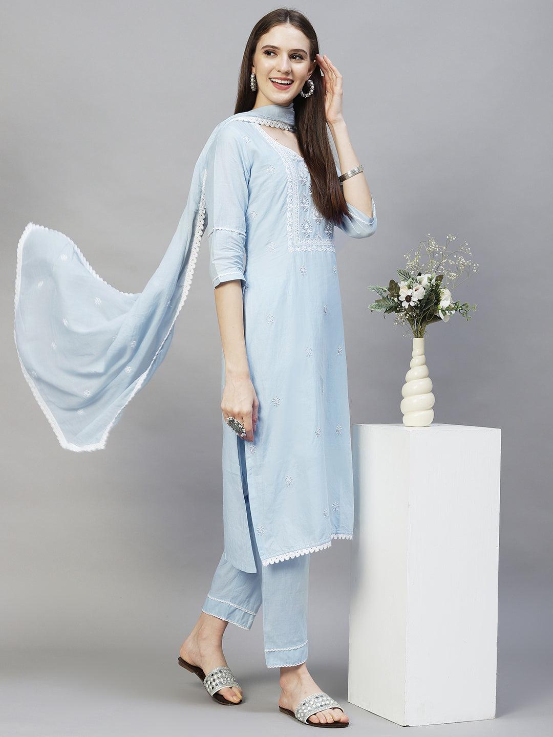 Ethnic Embroidered Straight Kurta with Pants & Dupatta - Powder Blue - Indiakreations