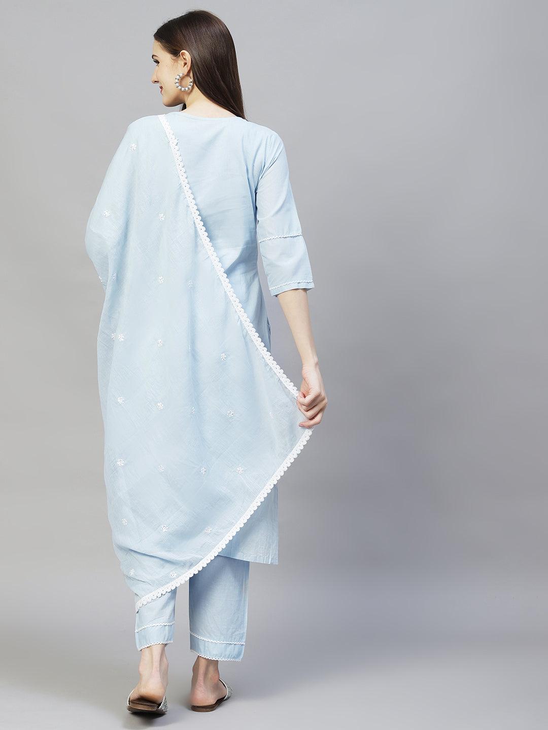 Ethnic Embroidered Straight Kurta with Pants & Dupatta - Powder Blue - Indiakreations