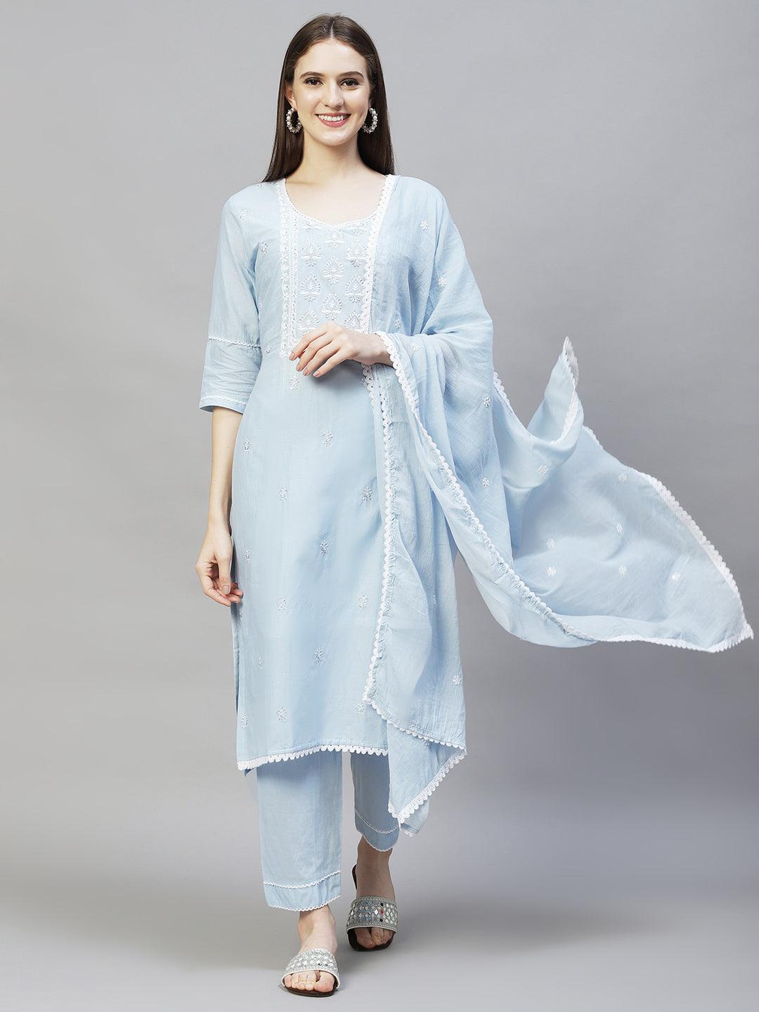 Ethnic Embroidered Straight Kurta with Pants & Dupatta - Powder Blue - Indiakreations