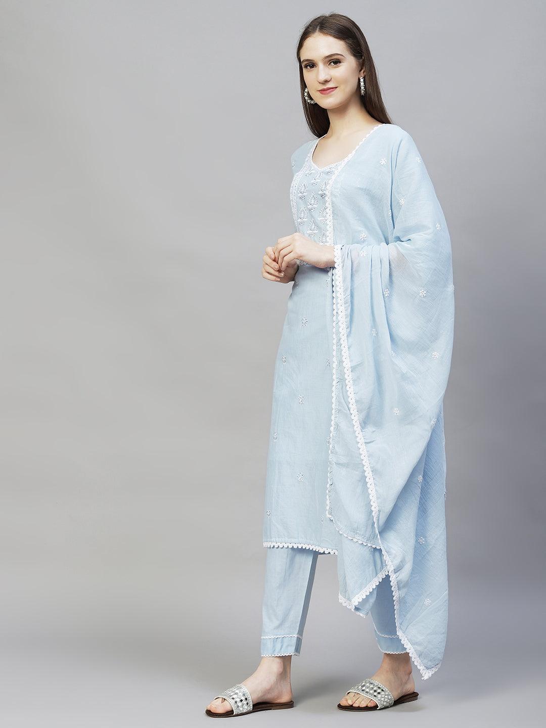 Ethnic Embroidered Straight Kurta with Pants & Dupatta - Powder Blue - Indiakreations