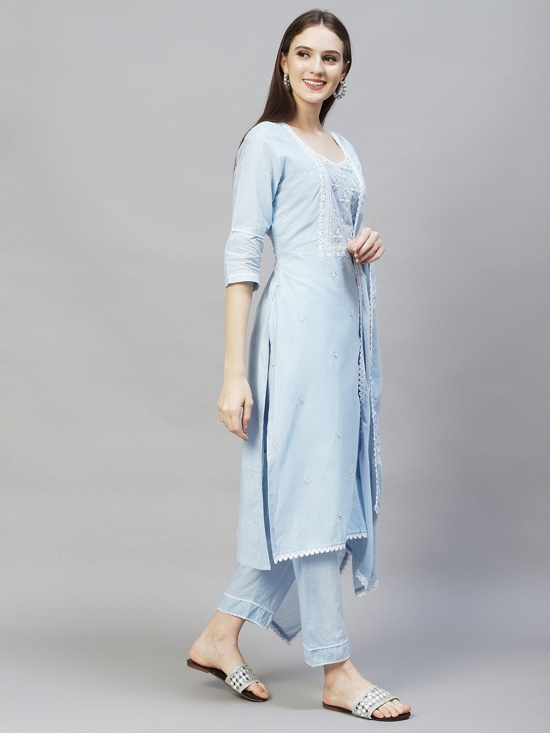 Ethnic Embroidered Straight Kurta with Pants & Dupatta - Powder Blue - Indiakreations