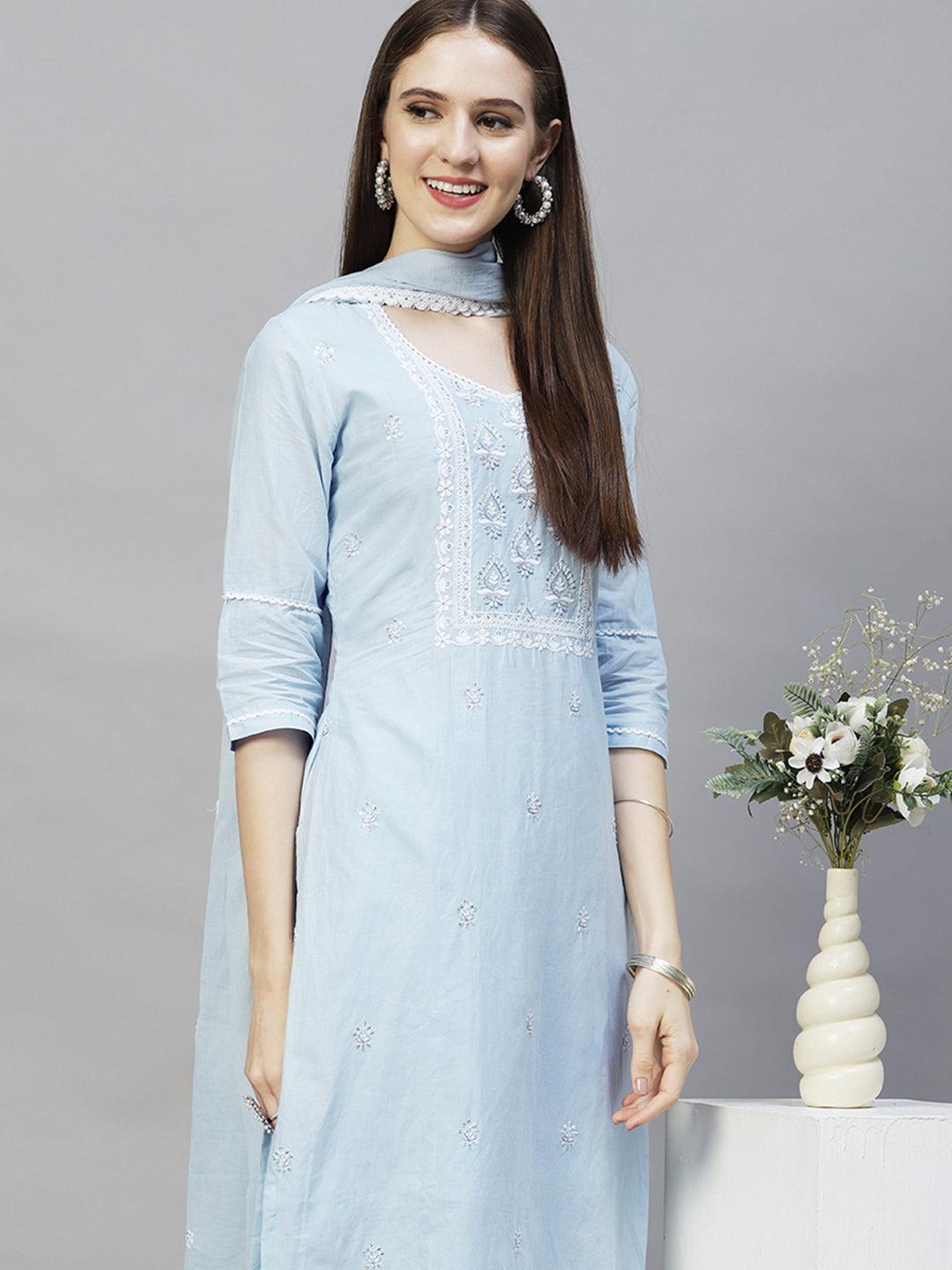 Ethnic Embroidered Straight Kurta with Pants & Dupatta - Powder Blue - Indiakreations