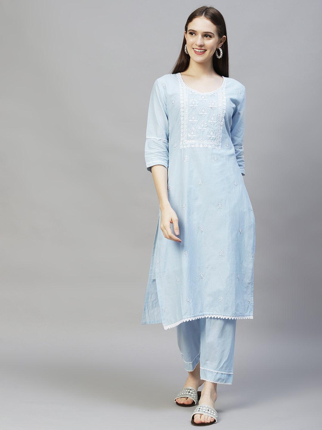 Ethnic Embroidered Straight Kurta with Pants & Dupatta - Powder Blue - Indiakreations