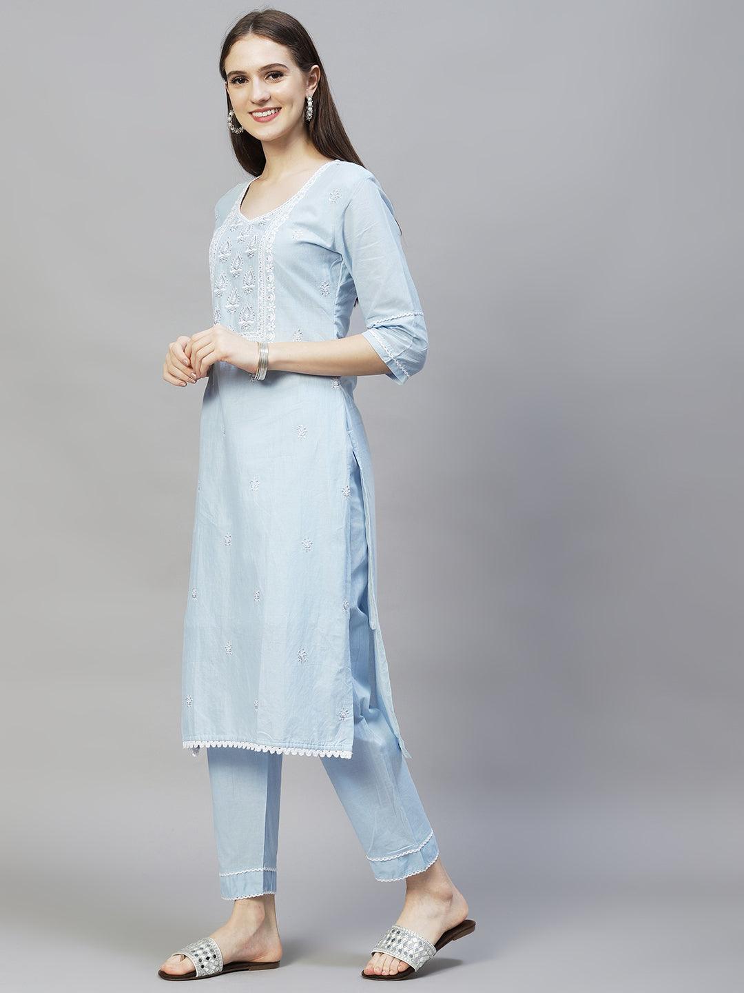 Ethnic Embroidered Straight Kurta with Pants & Dupatta - Powder Blue - Indiakreations