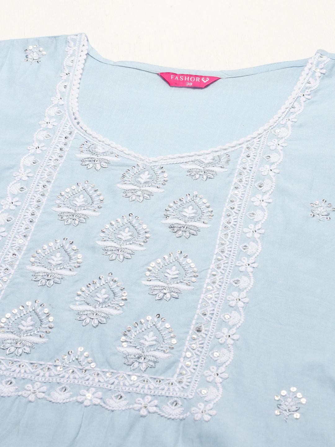 Ethnic Embroidered Straight Kurta with Pants & Dupatta - Powder Blue - Indiakreations