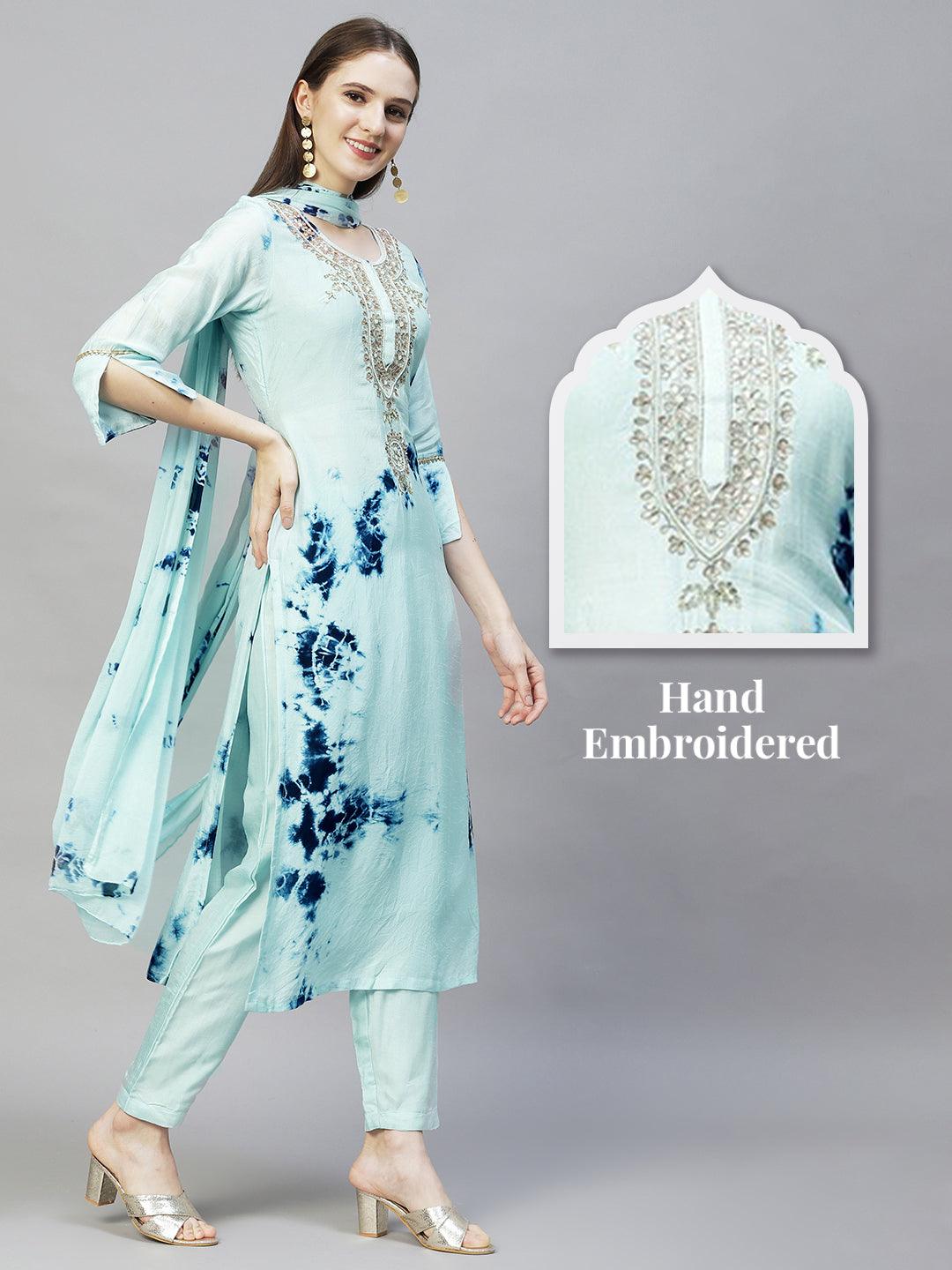 Tie-Dyed Printed & Hand Embroidered Kurta with Pants & Dupatta - Aqua Blue - Indiakreations