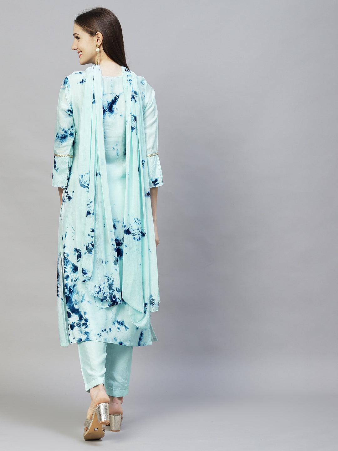 Tie-Dyed Printed & Hand Embroidered Kurta with Pants & Dupatta - Aqua Blue - Indiakreations