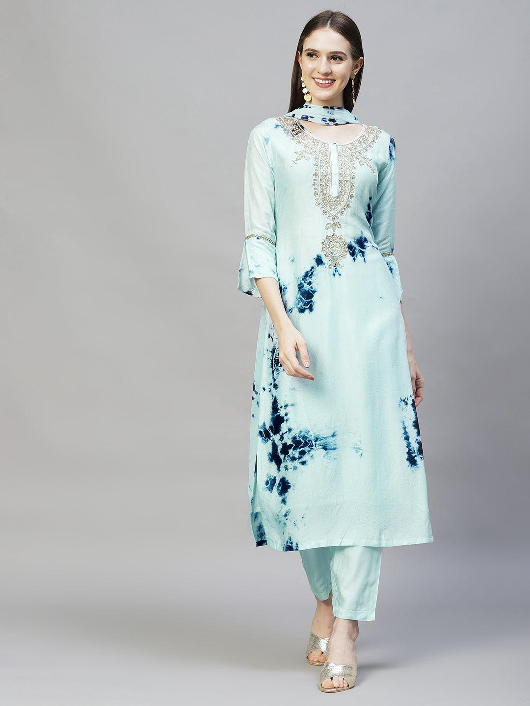 Tie-Dyed Printed & Hand Embroidered Kurta with Pants & Dupatta - Aqua Blue - Indiakreations