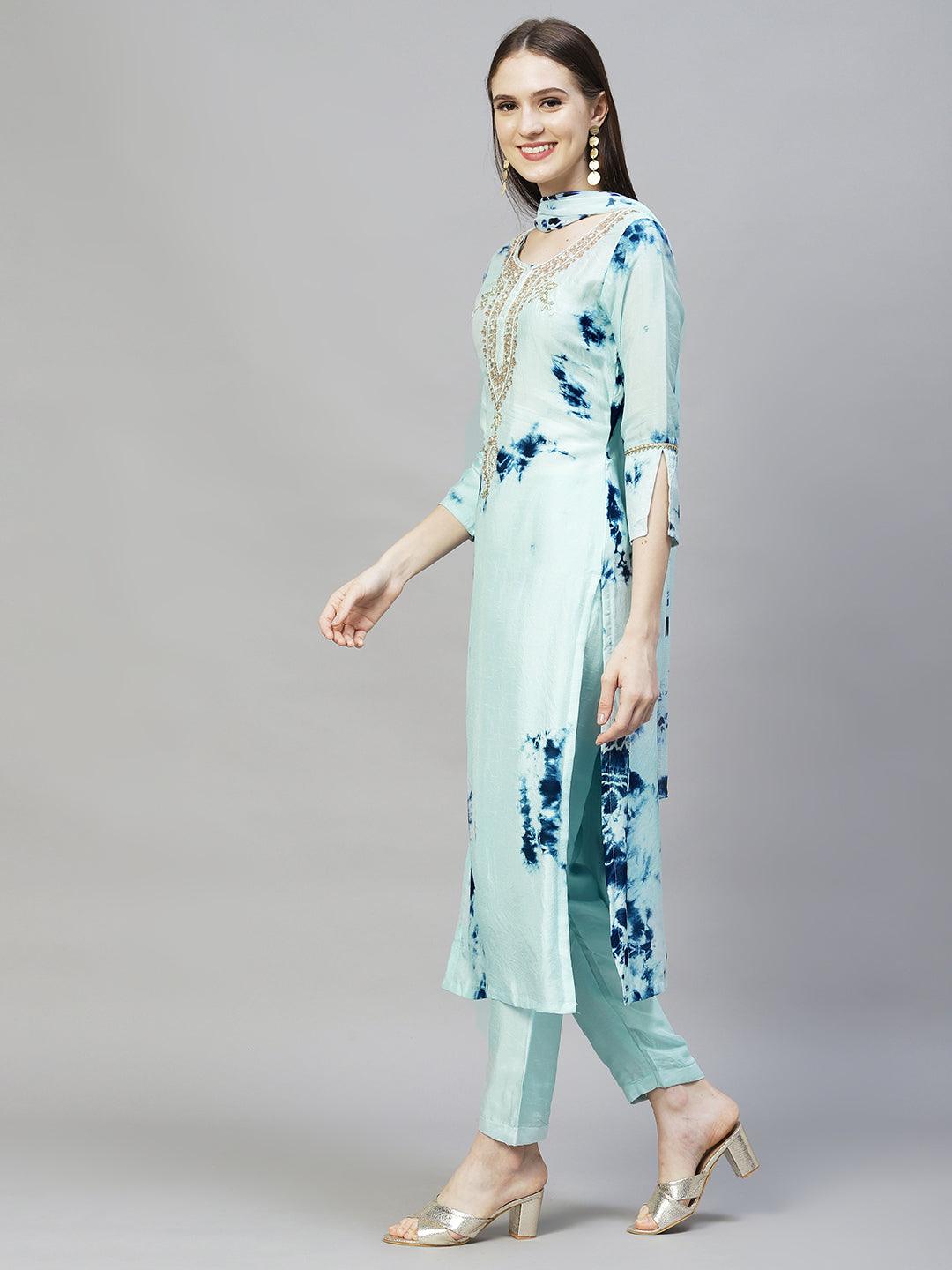 Tie-Dyed Printed & Hand Embroidered Kurta with Pants & Dupatta - Aqua Blue - Indiakreations