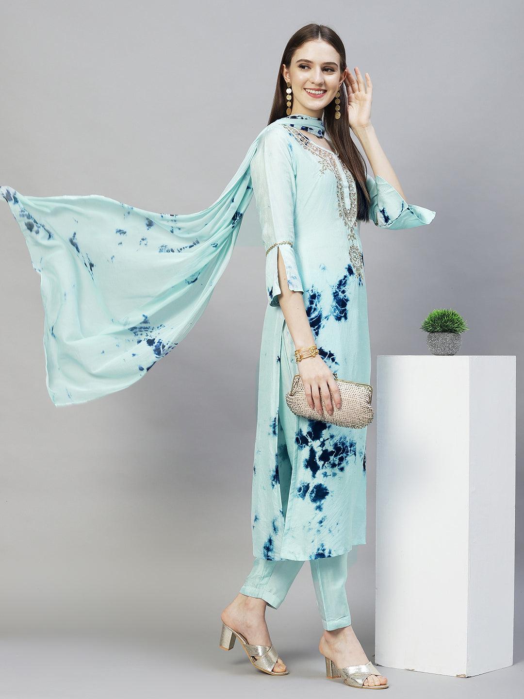 Tie-Dyed Printed & Hand Embroidered Kurta with Pants & Dupatta - Aqua Blue - Indiakreations