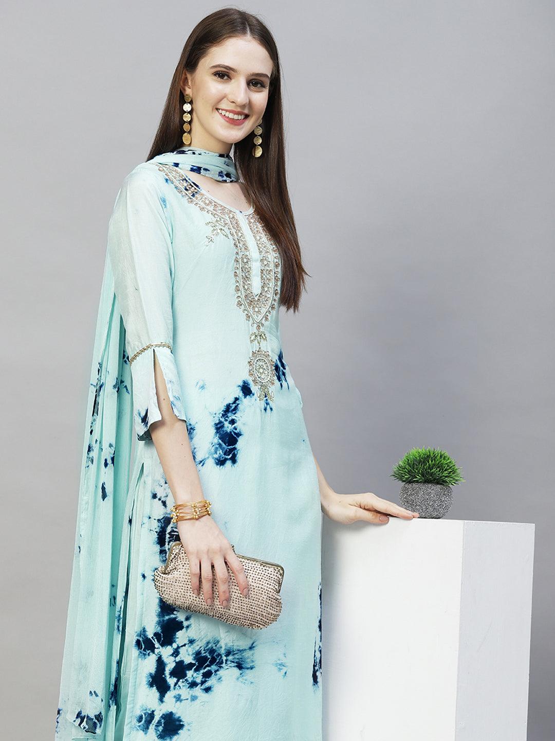 Tie-Dyed Printed & Hand Embroidered Kurta with Pants & Dupatta - Aqua Blue - Indiakreations