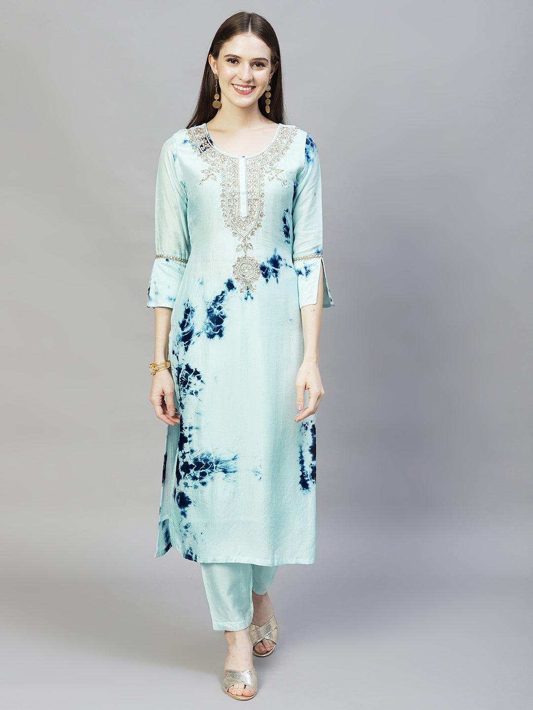 Tie-Dyed Printed & Hand Embroidered Kurta with Pants & Dupatta - Aqua Blue - Indiakreations