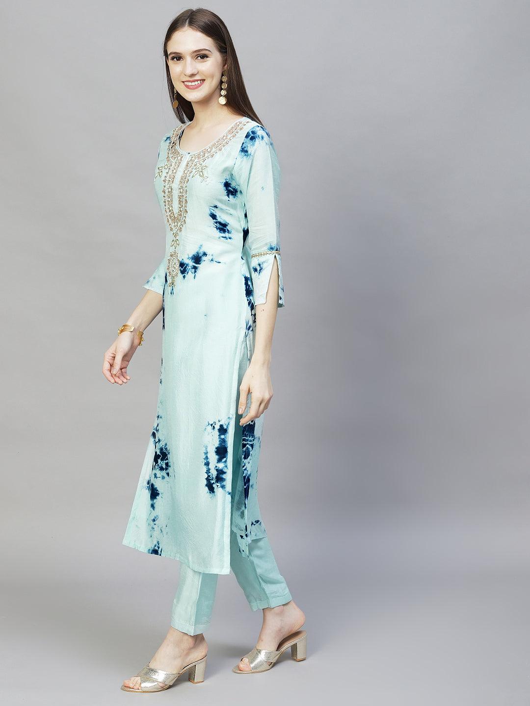 Tie-Dyed Printed & Hand Embroidered Kurta with Pants & Dupatta - Aqua Blue - Indiakreations