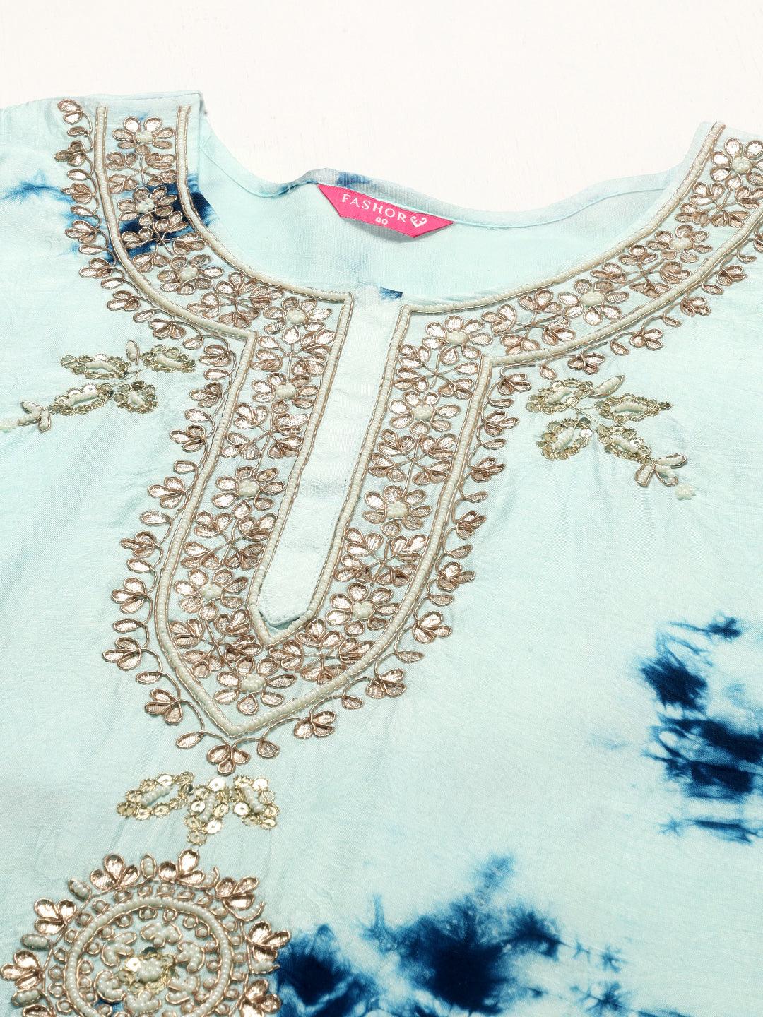 Tie-Dyed Printed & Hand Embroidered Kurta with Pants & Dupatta - Aqua Blue - Indiakreations