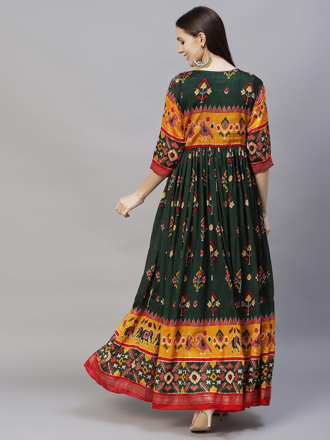 Floral Printed & Embroidered Tiered Flared Maxi Dress - Dark Green - Indiakreations