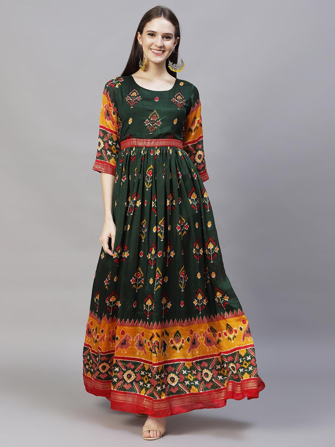 Floral Printed & Embroidered Tiered Flared Maxi Dress - Dark Green - Indiakreations