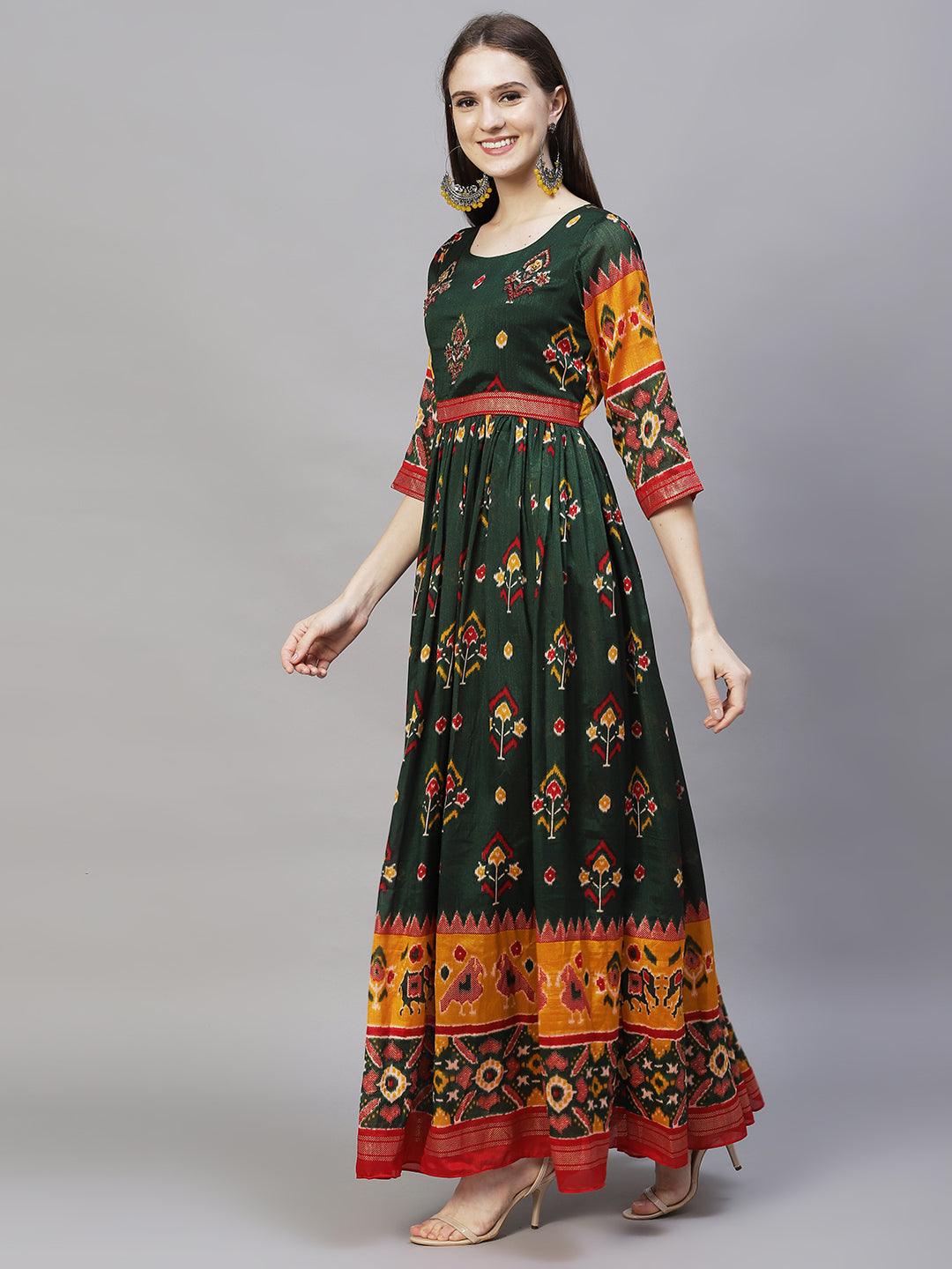 Floral Printed & Embroidered Tiered Flared Maxi Dress - Dark Green - Indiakreations