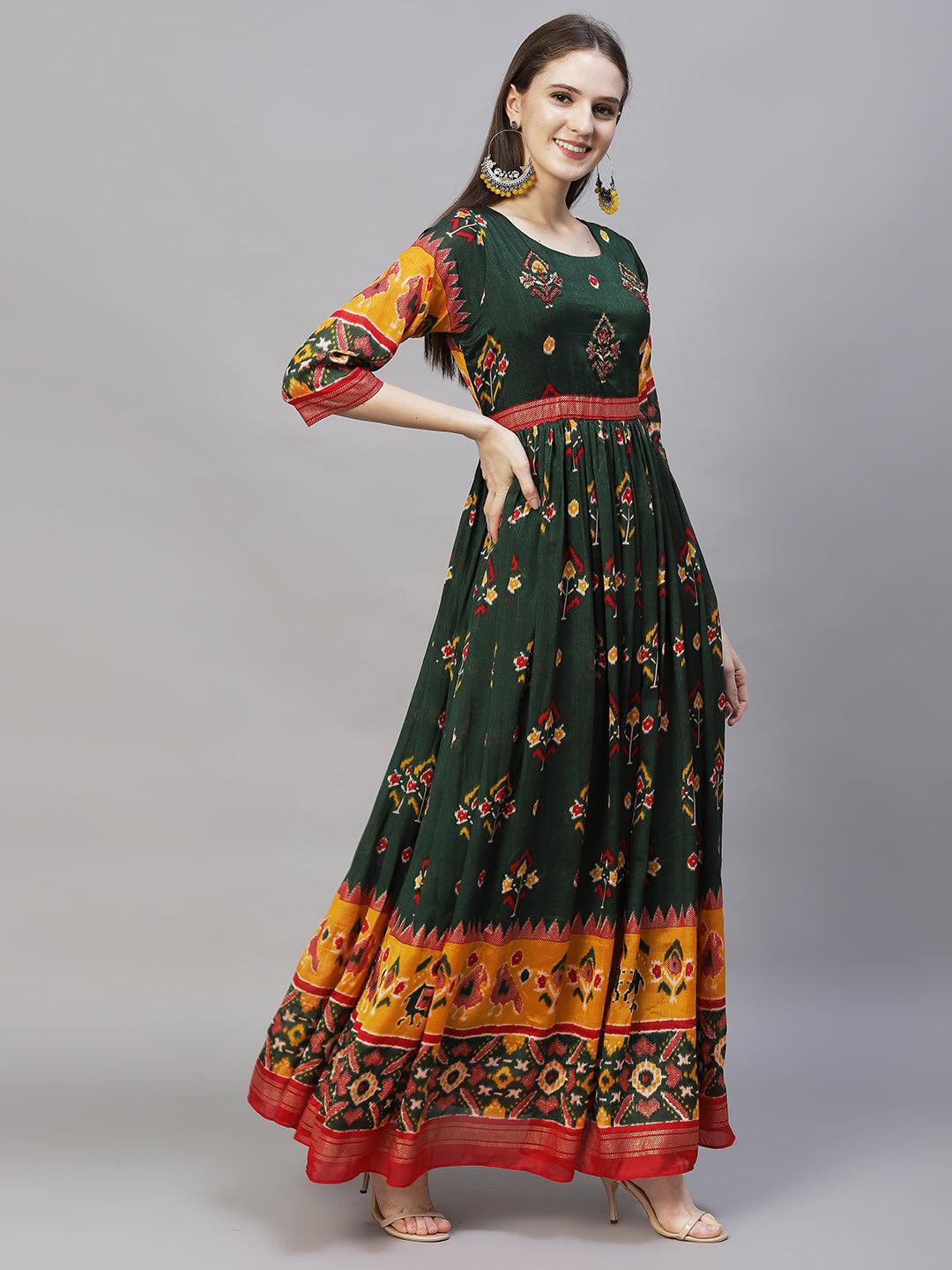 Floral Printed & Embroidered Tiered Flared Maxi Dress - Dark Green - Indiakreations