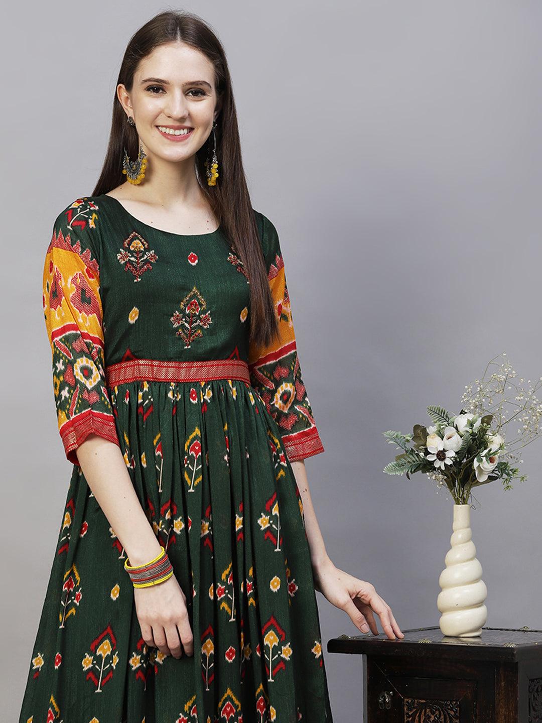 Floral Printed & Embroidered Tiered Flared Maxi Dress - Dark Green - Indiakreations