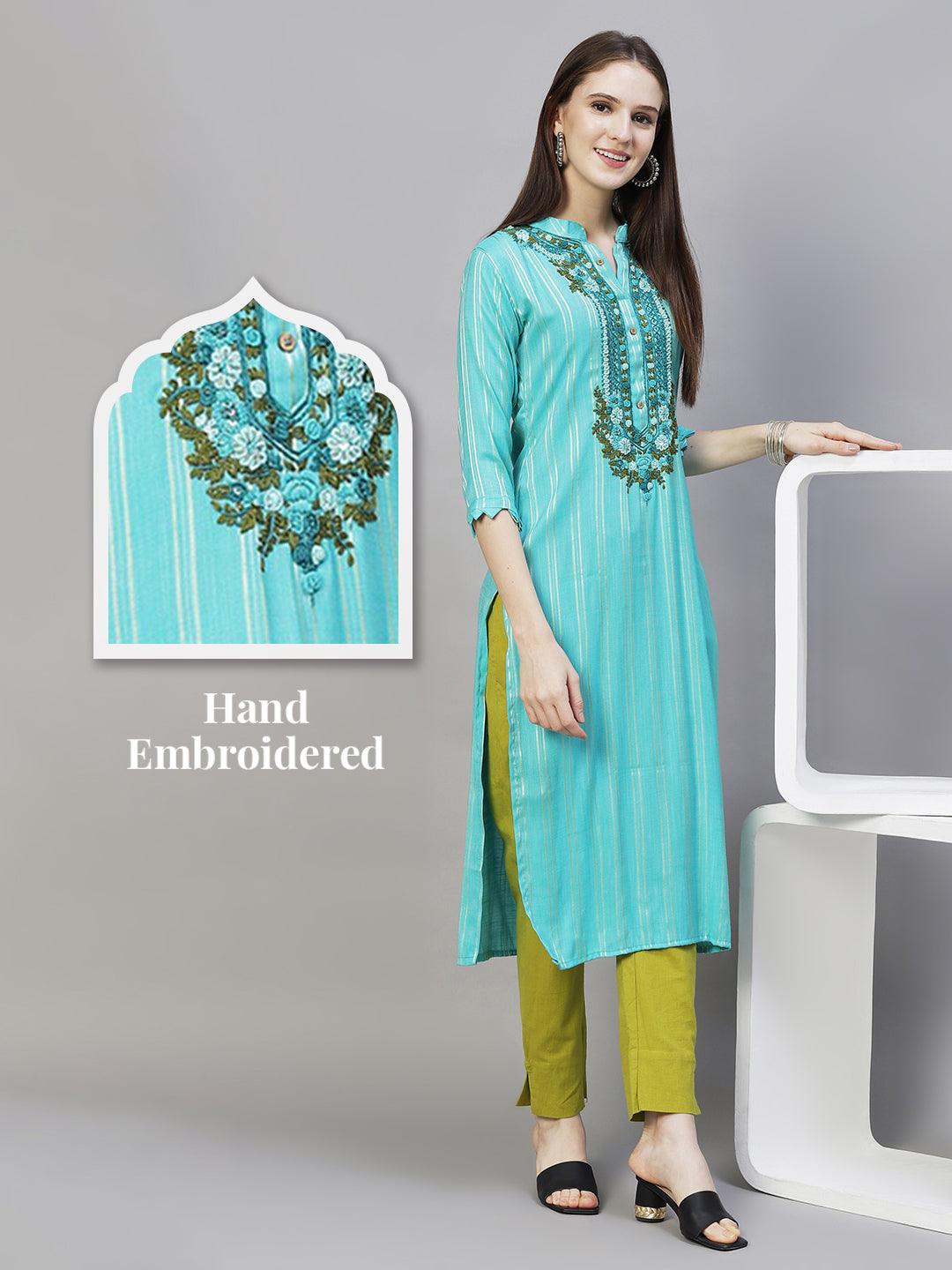 Stripes Printed & Hand Embroidered A-Line Kurta - Light Turquoise - Indiakreations