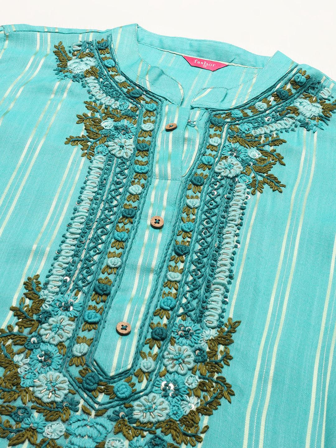 Stripes Printed & Hand Embroidered A-Line Kurta - Light Turquoise - Indiakreations