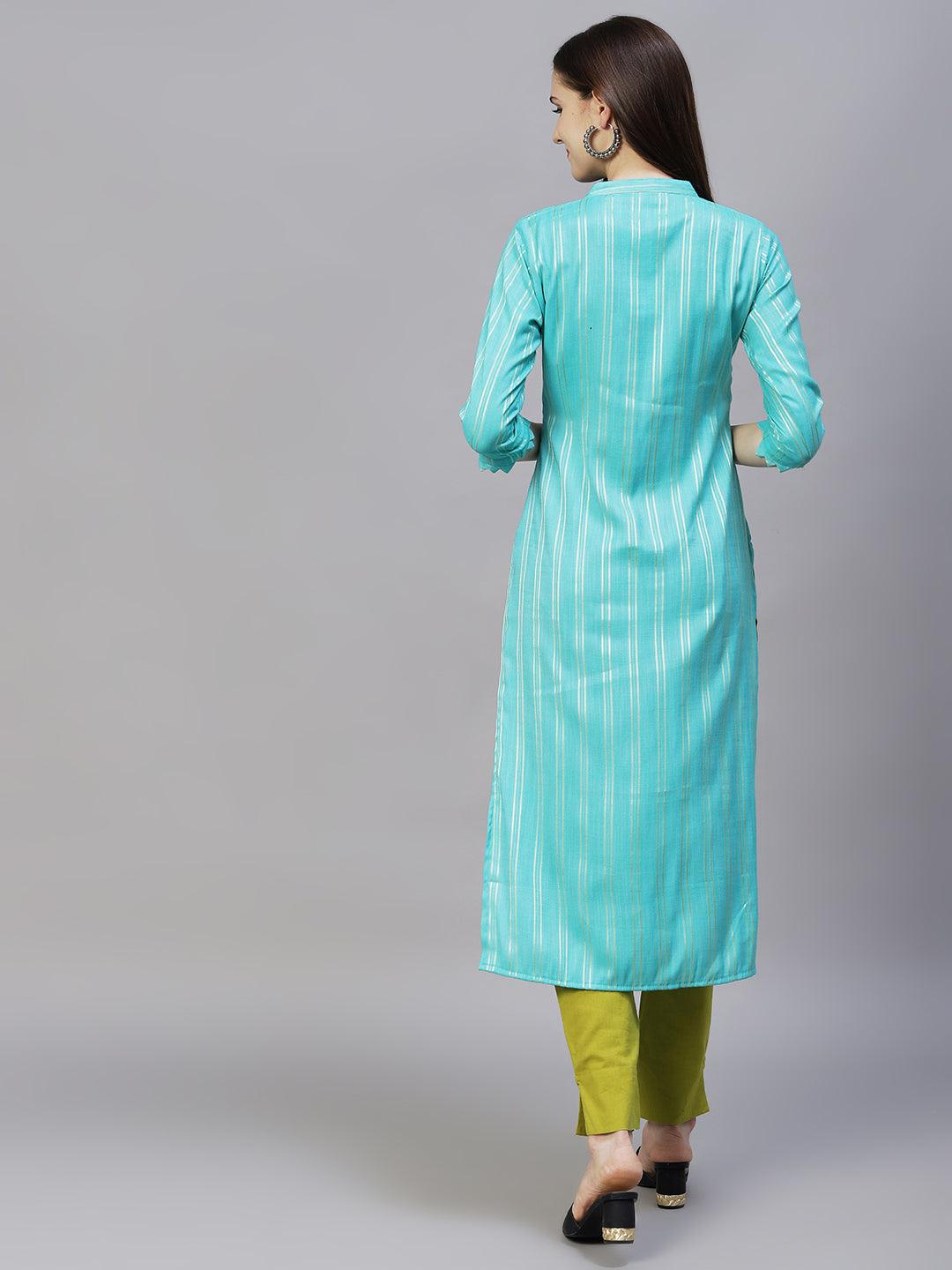 Stripes Printed & Hand Embroidered A-Line Kurta - Light Turquoise - Indiakreations