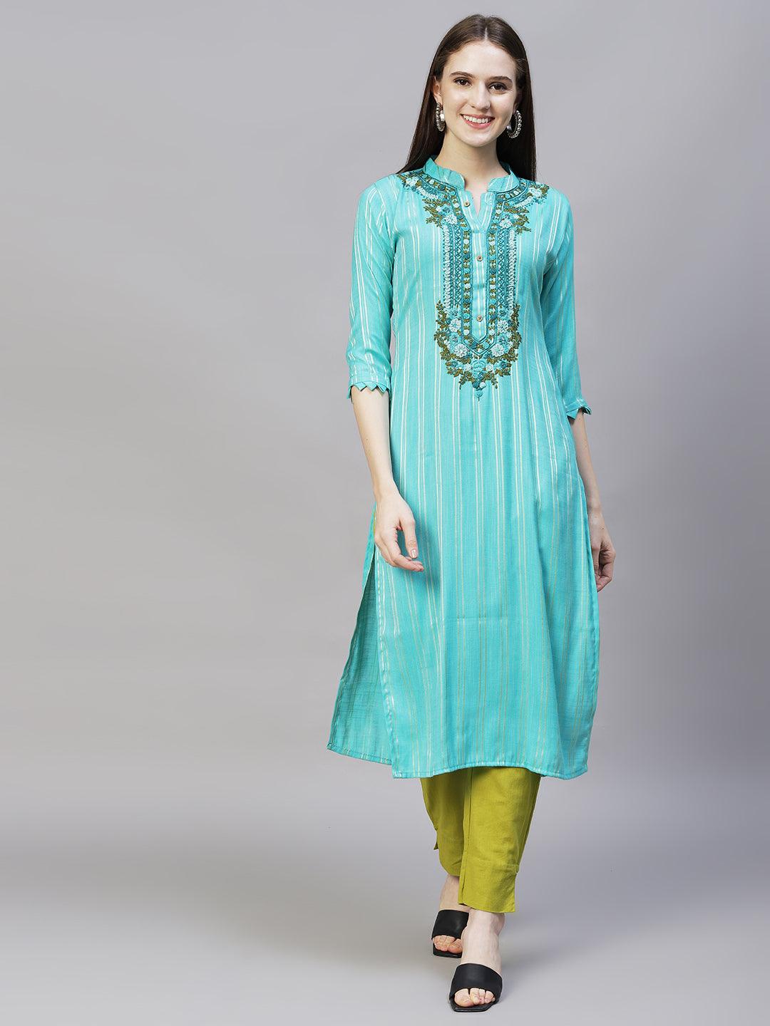 Stripes Printed & Hand Embroidered A-Line Kurta - Light Turquoise - Indiakreations