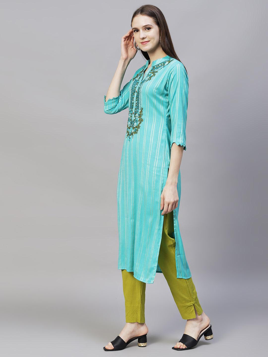 Stripes Printed & Hand Embroidered A-Line Kurta - Light Turquoise - Indiakreations