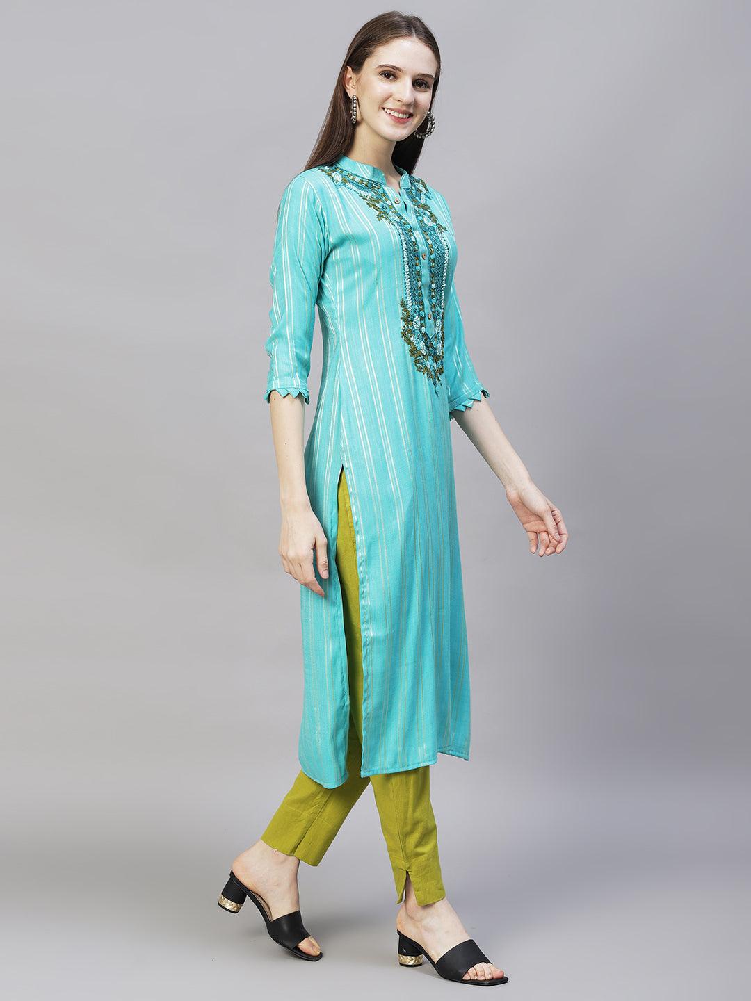 Stripes Printed & Hand Embroidered A-Line Kurta - Light Turquoise - Indiakreations