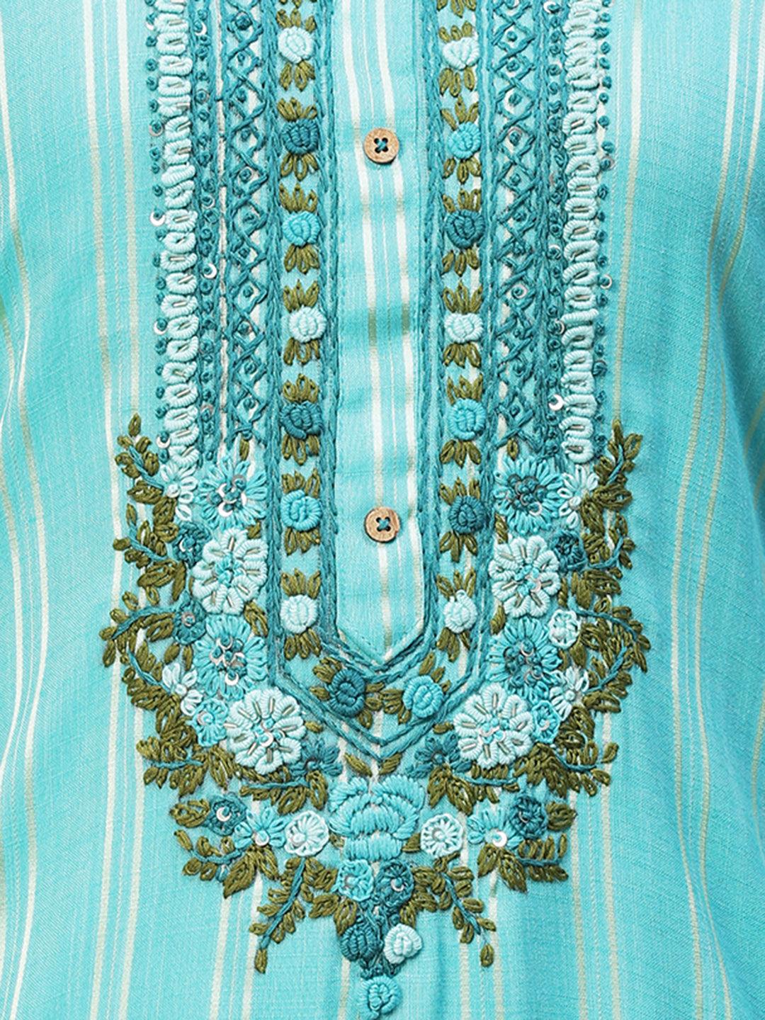 Stripes Printed & Hand Embroidered A-Line Kurta - Light Turquoise - Indiakreations