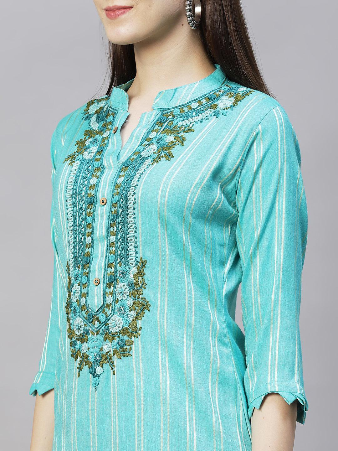 Stripes Printed & Hand Embroidered A-Line Kurta - Light Turquoise - Indiakreations