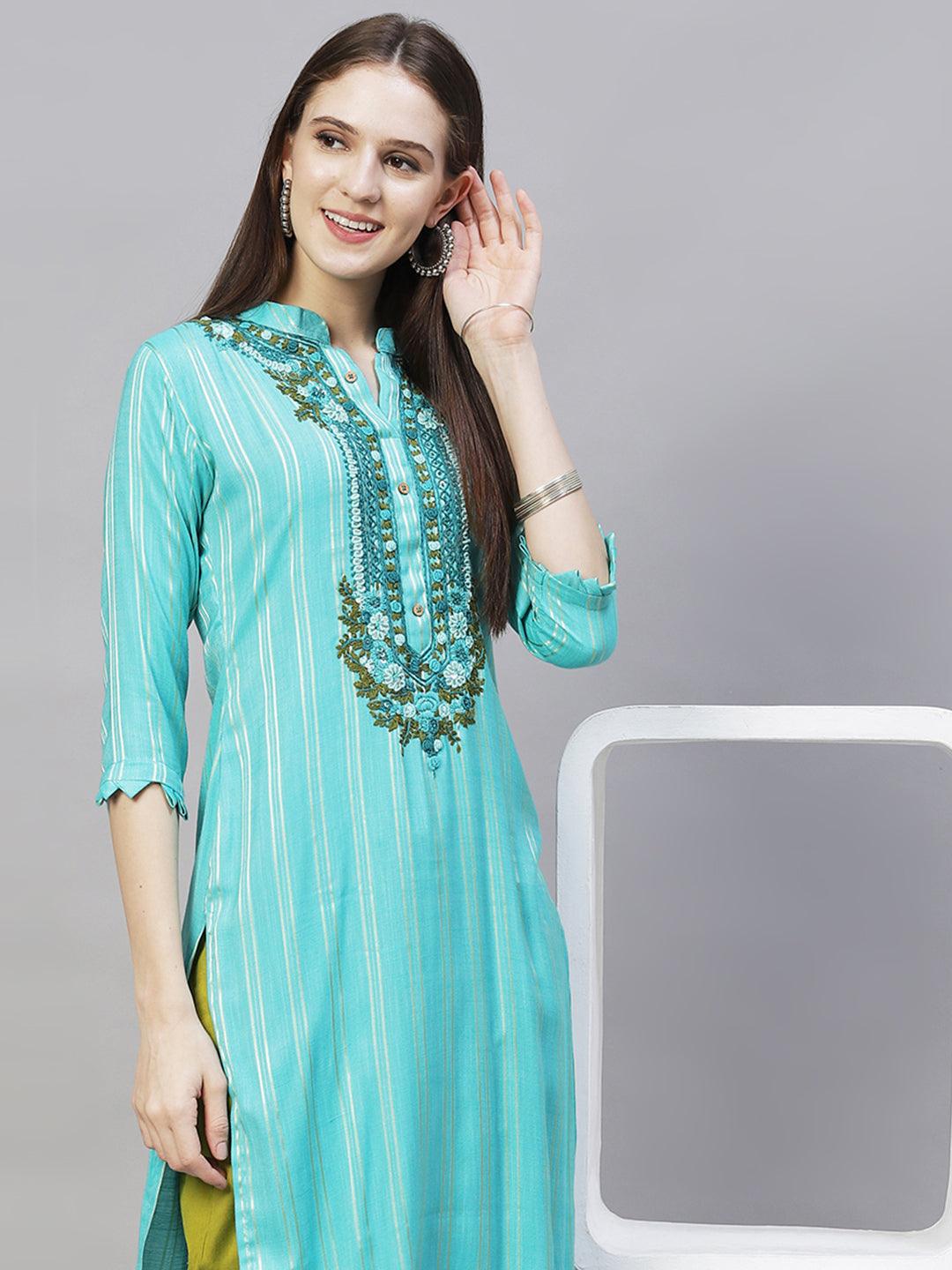 Stripes Printed & Hand Embroidered A-Line Kurta - Light Turquoise - Indiakreations