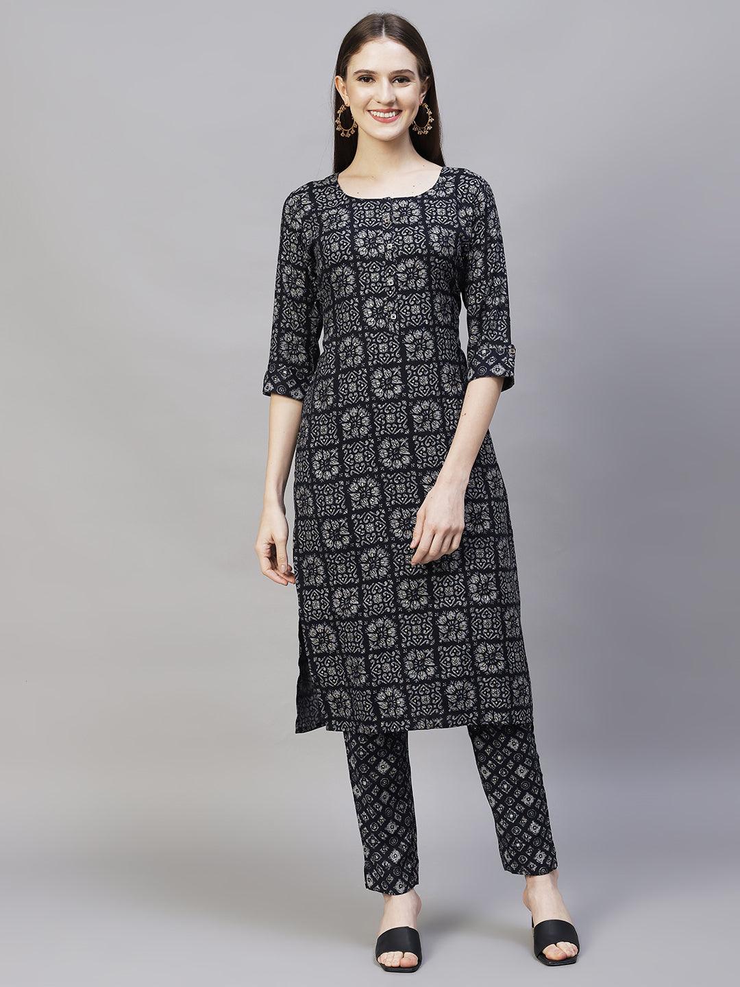 Ethnic Printed Straight Kurta with Pants - Deep Violet - Indiakreations