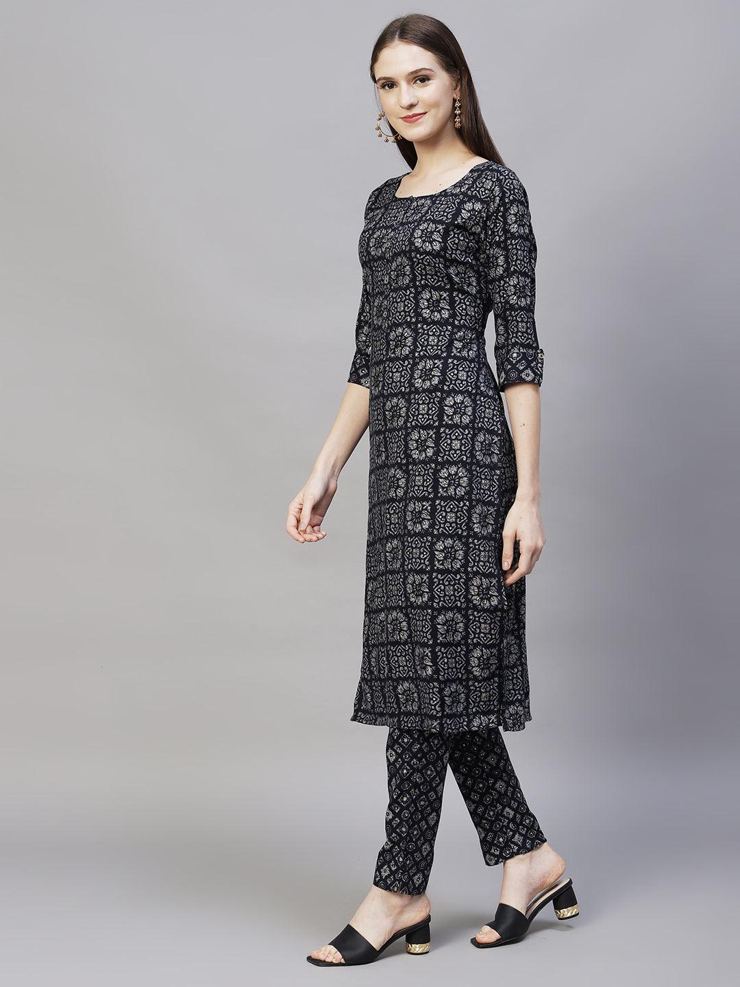 Ethnic Printed Straight Kurta with Pants - Deep Violet - Indiakreations