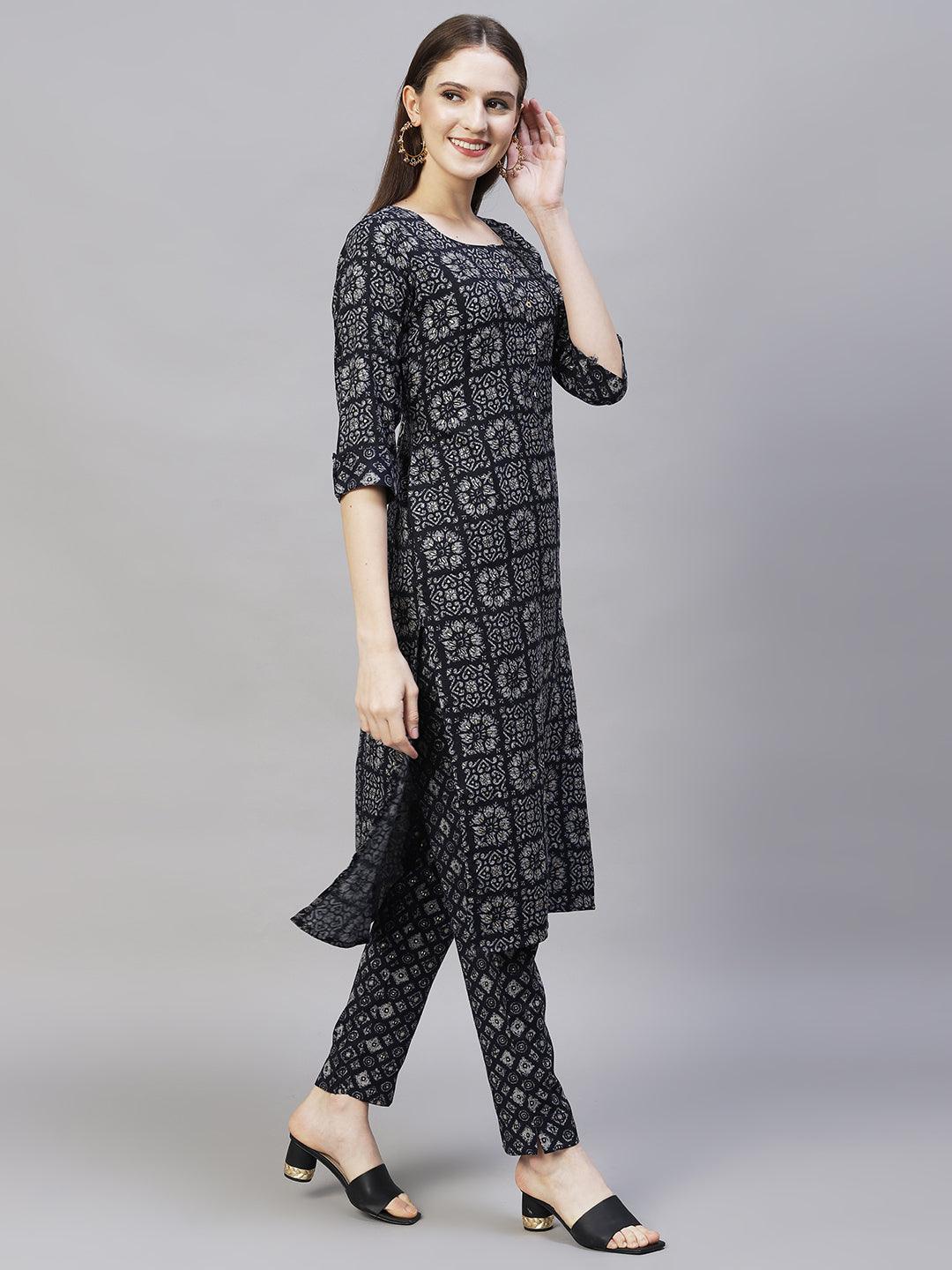 Ethnic Printed Straight Kurta with Pants - Deep Violet - Indiakreations