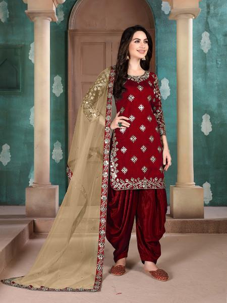 Women's Art Silk Embroidered Patiyala Suit - Myracouture