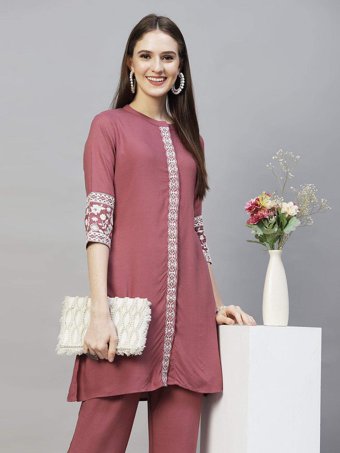 Ethnic Embroidered Co-ord Set - Mauve - Indiakreations