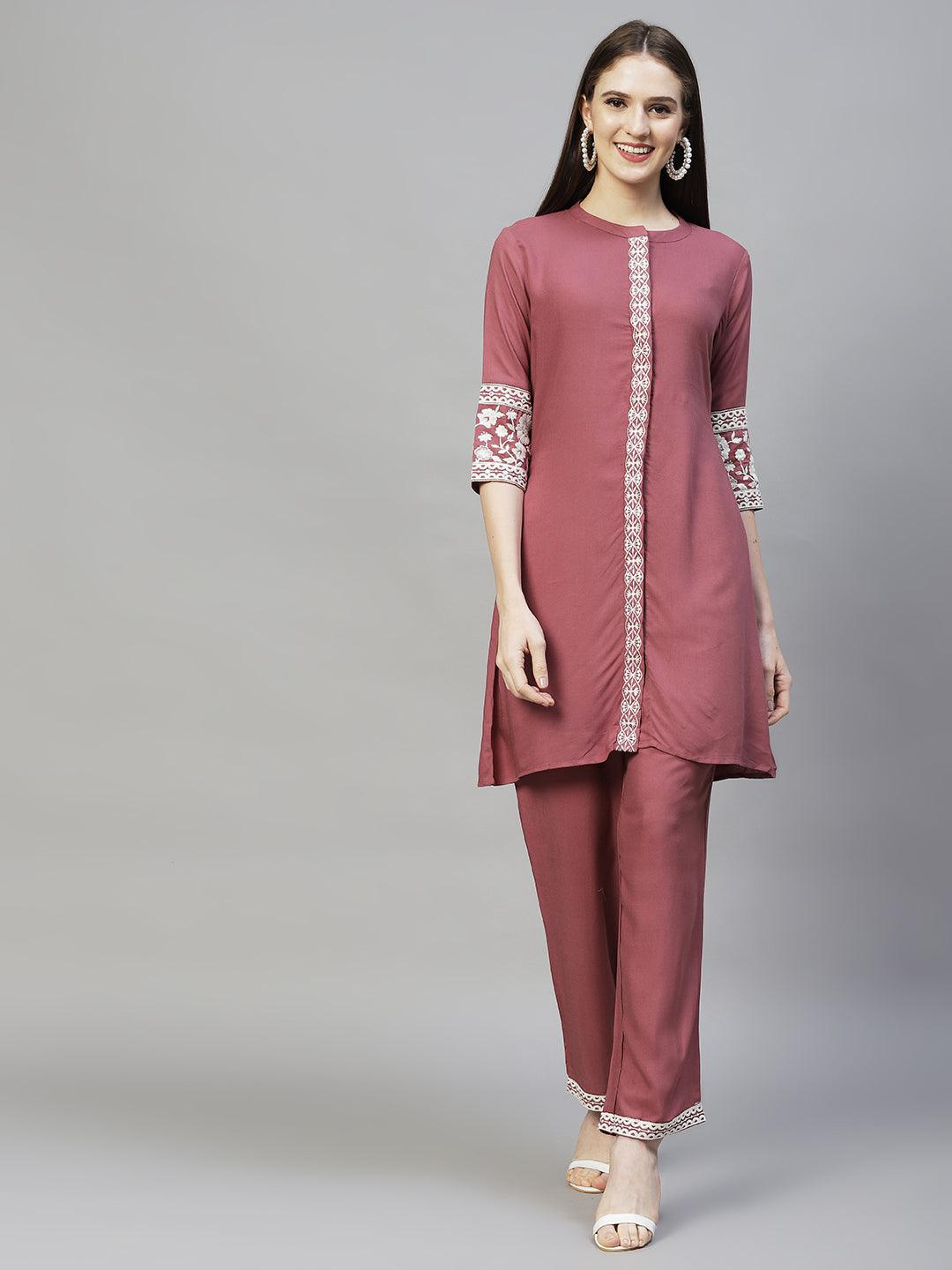 Ethnic Embroidered Co-ord Set - Mauve - Indiakreations