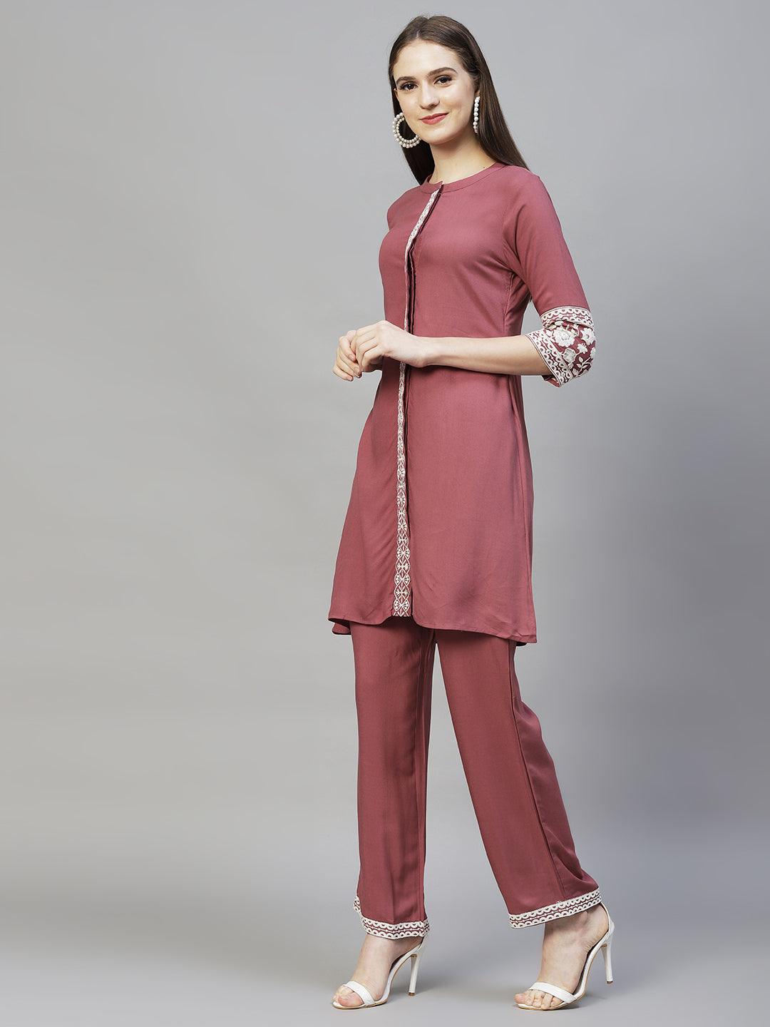 Ethnic Embroidered Co-ord Set - Mauve - Indiakreations