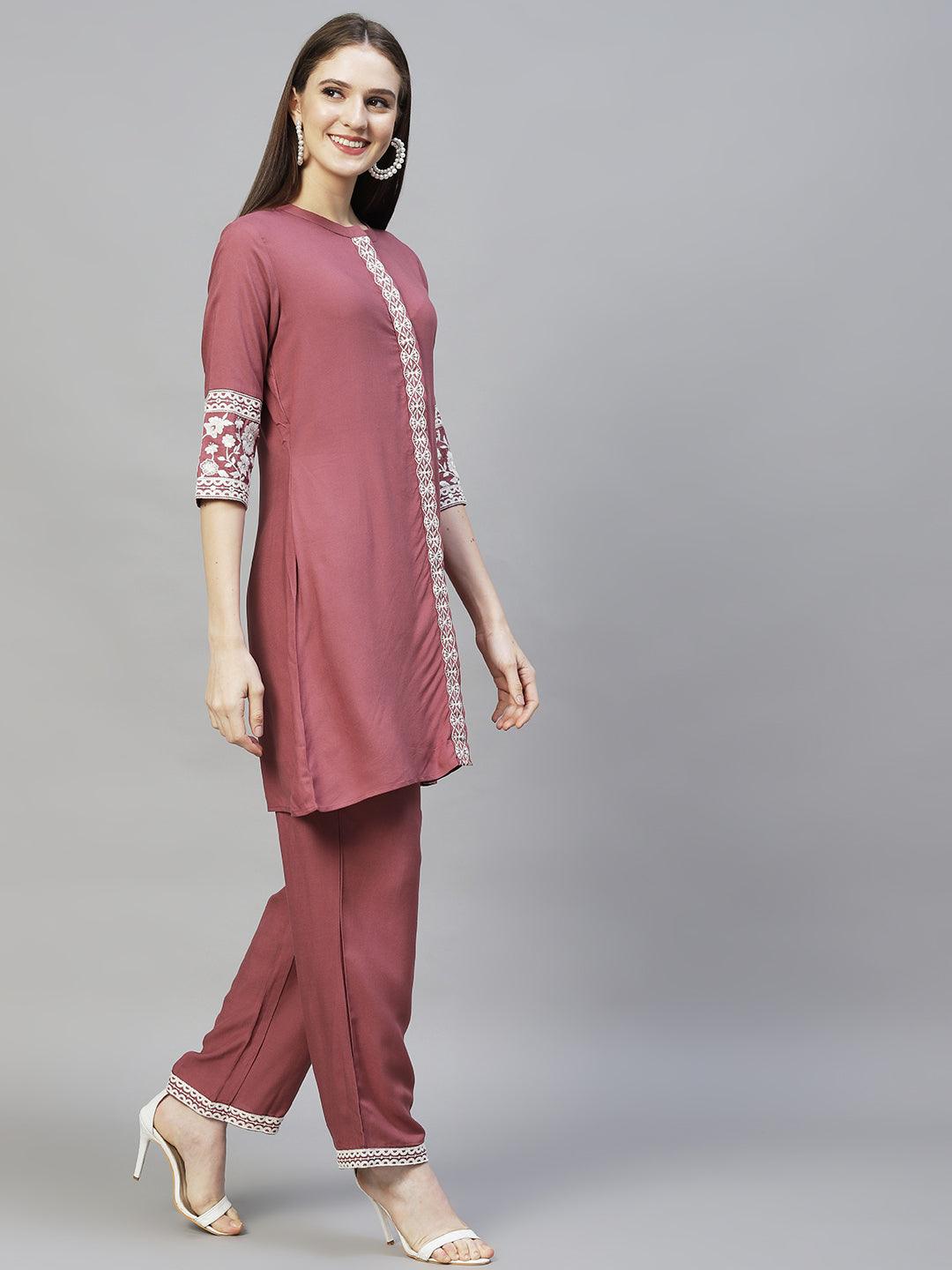 Ethnic Embroidered Co-ord Set - Mauve - Indiakreations