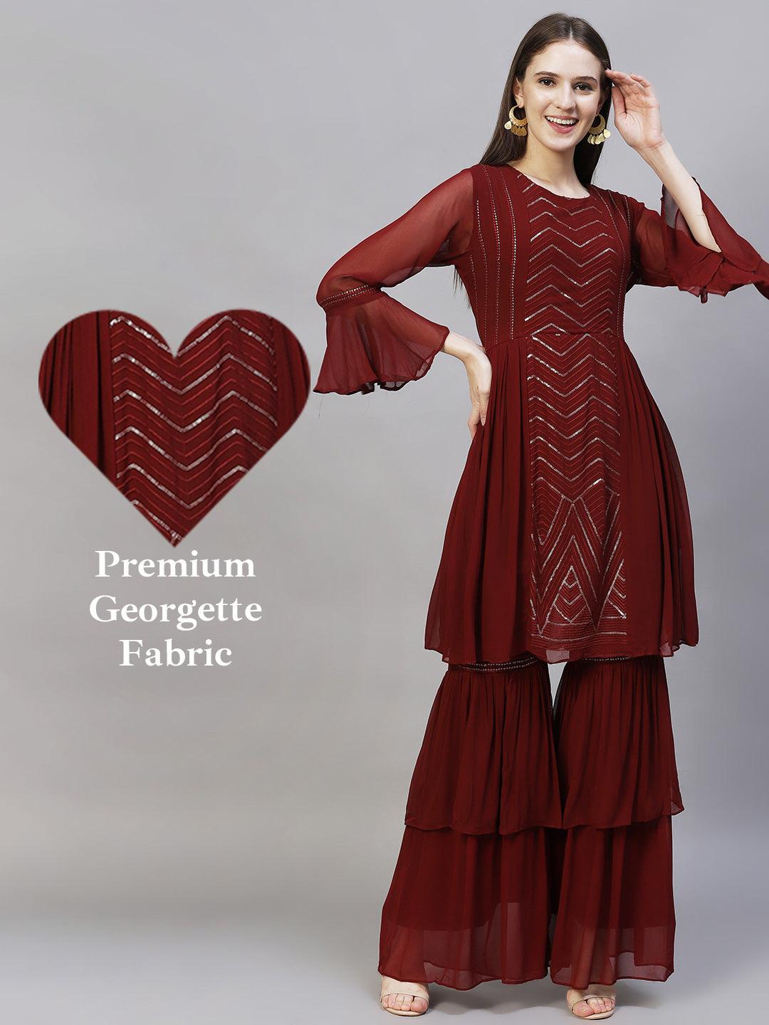 Ethnic Embroidered Peplum Flare Kurta with Sharara - Burgundy - Indiakreations