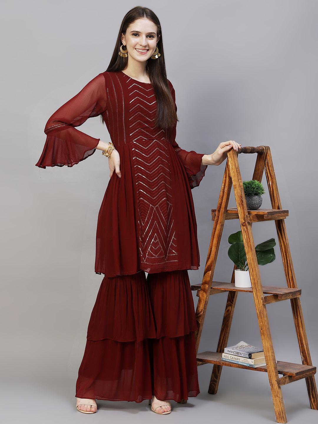 Ethnic Embroidered Peplum Flare Kurta with Sharara - Burgundy - Indiakreations