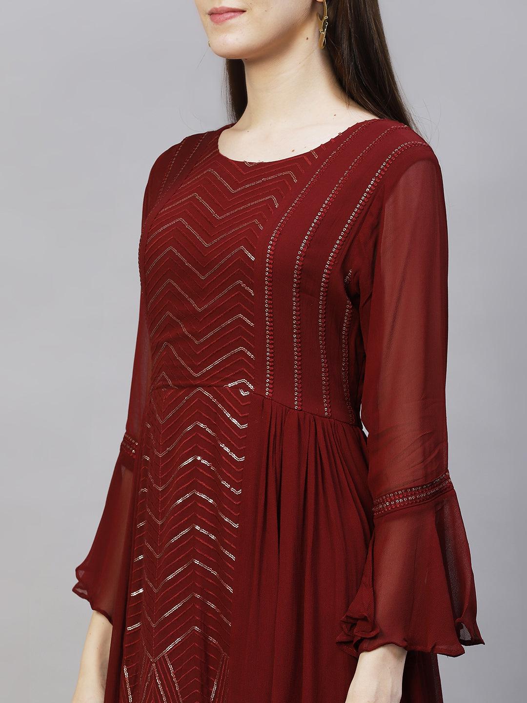 Ethnic Embroidered Peplum Flare Kurta with Sharara - Burgundy - Indiakreations