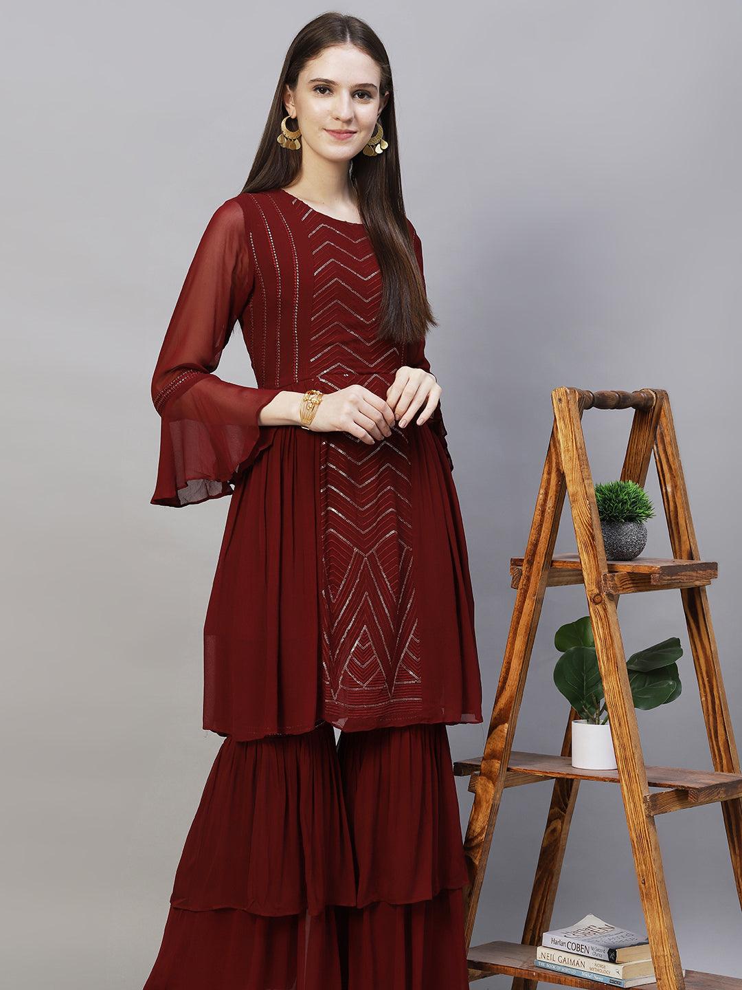 Ethnic Embroidered Peplum Flare Kurta with Sharara - Burgundy - Indiakreations