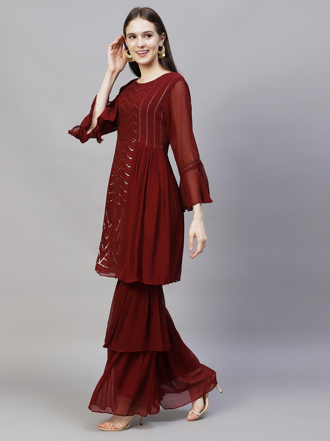 Ethnic Embroidered Peplum Flare Kurta with Sharara - Burgundy - Indiakreations