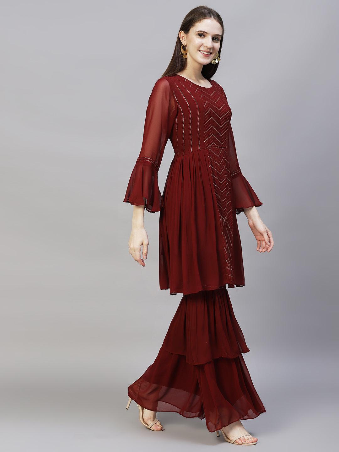 Ethnic Embroidered Peplum Flare Kurta with Sharara - Burgundy - Indiakreations